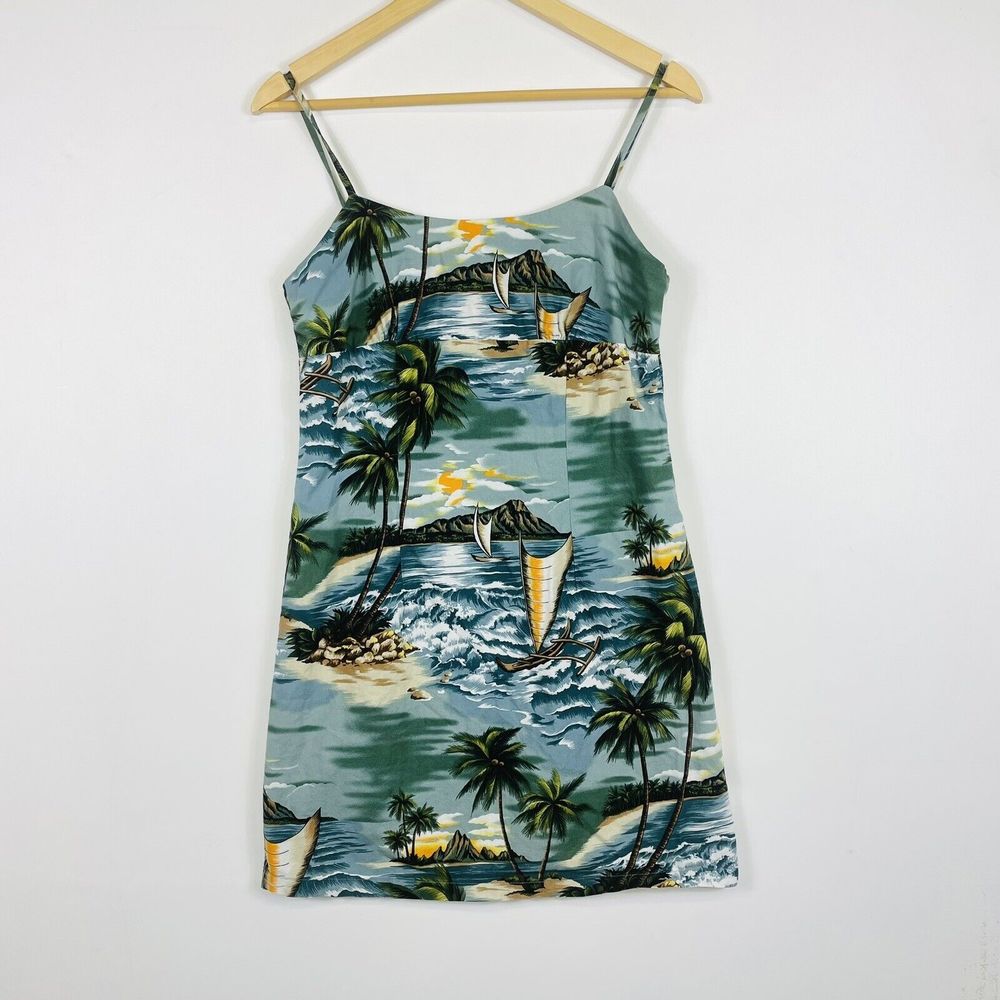 Aloha Republic Hawaiian Tropical Beach Scene Sleeveless Dress Womens Medium